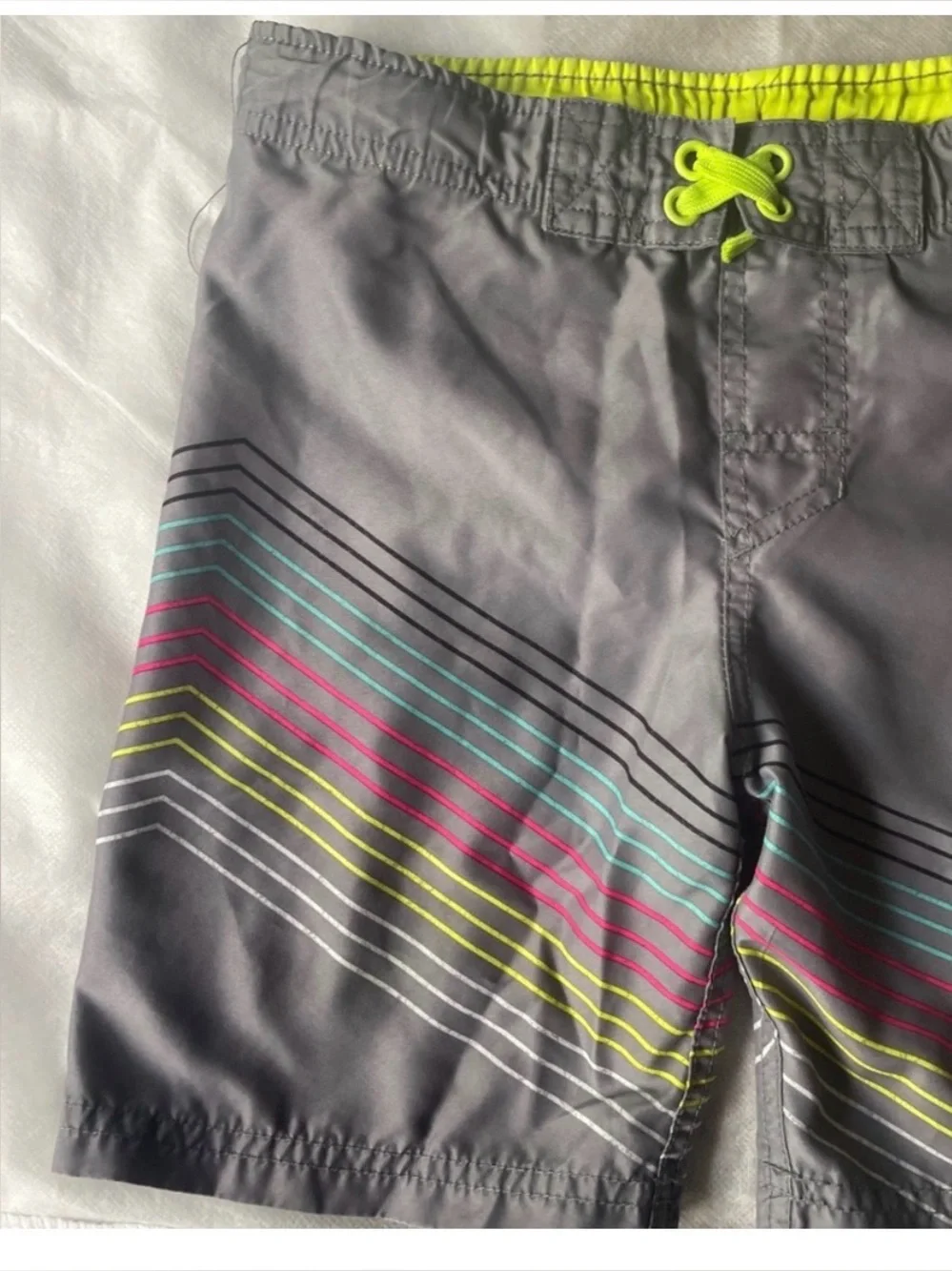 Cat & Jack Boys Swim Trunks Size 6/7 Gray Neon Stripe Board Shorts Beach Summer